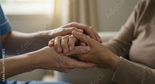 Elderly care support concept showing hands of nurse holding senior patient hands comfort