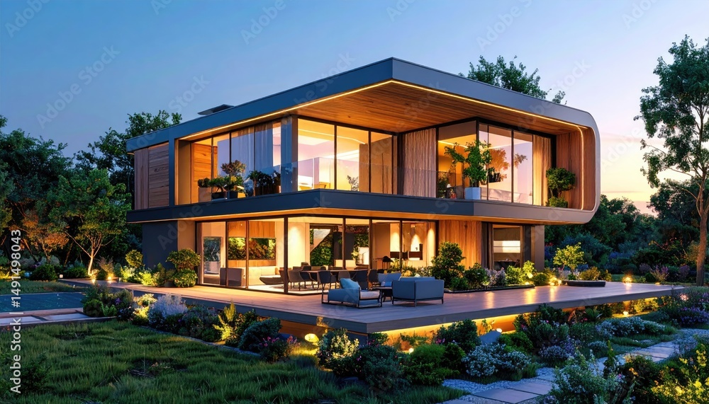 Fototapeta premium Modern Home Luxury Evening Glow illuminates Contemporary Design.
