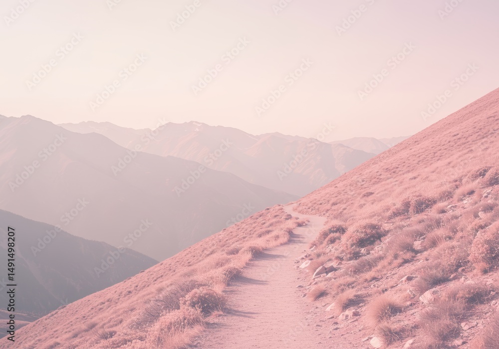 Fototapeta premium A Serene Mountain Path, Pastel Hues of Nature's Gentle Embrace at Dawn