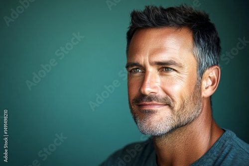 Visual graphic design art of style for aging men. Green solid background. A dynamic male posing with grace and charm. Chic men's classic long sweep haircut - midlife white man with black hair.