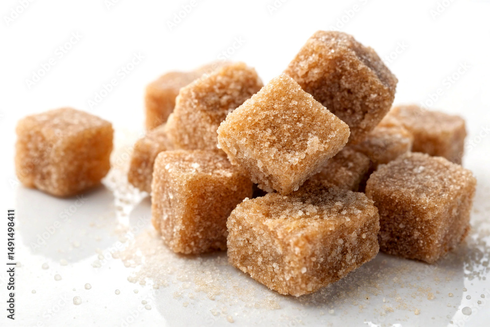 Brown sugar cubes close-up on white background Brown sugar cubes close-up on white background