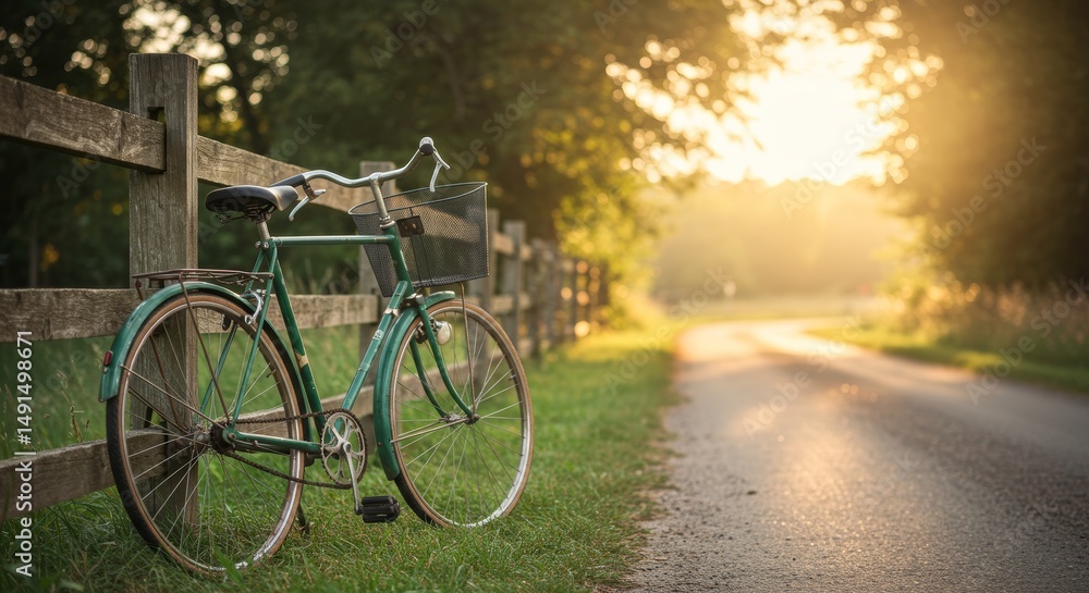 Fototapeta premium Nostalgic Journey Awaits, Vintage Bicycle Resting by a Rural Fence at Sunset