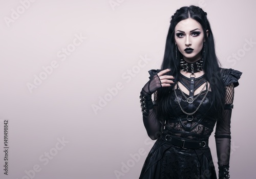 Portrait of a stunning techno goth woman with dramatic makeup and outfit