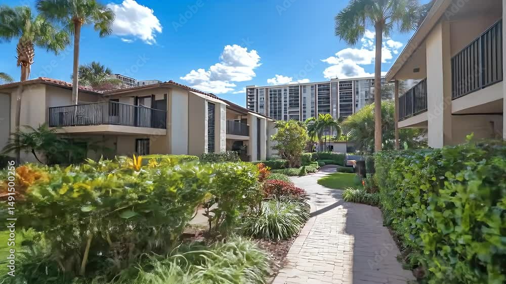 Multi Story Apartment Complex with Manicured Lawns and Lush Foliage Under a Bright Blue Cloudy Sky Multi Story Apartment Complex with Manicured Lawns and Lush Foliage Under a Bright Blue Cloudy Sky