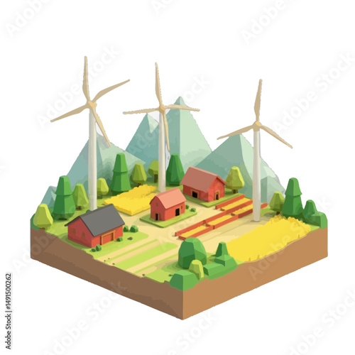 Isometric Low Poly Farm with Wind Turbines and Mountains