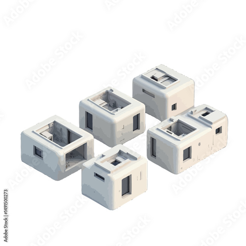 Isometric View of Six White Cubes Arranged on Black Background