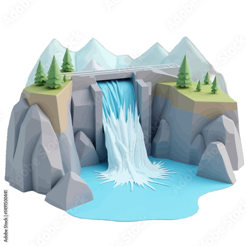 Lowpoly Waterfall Scene with Mountains and Dam