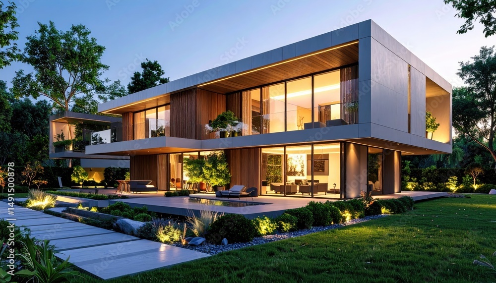 Fototapeta premium Modern Home at Dusk Luxury Living with Architectural Design.