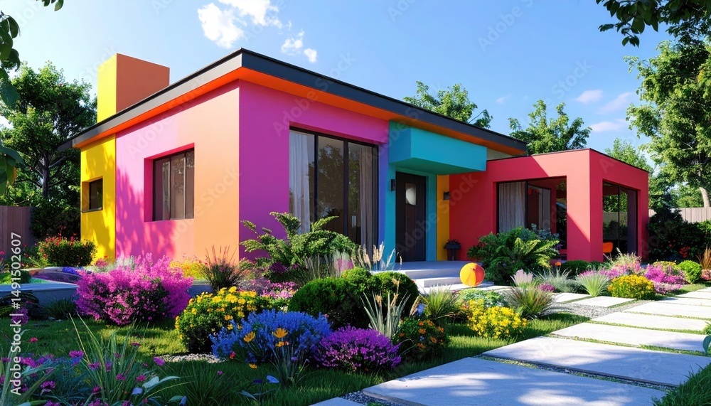 Fototapeta premium Vibrant Modern House Colorful Facade Lush Garden Landscape.