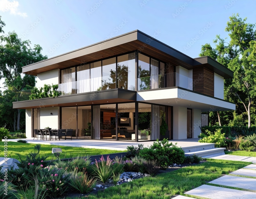 Fototapeta premium Modern dream home exterior with large windows and green landscape.