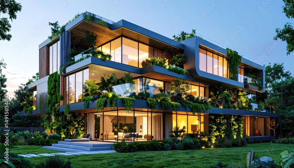 Obraz premium Modern Green Home Nature Embraced Architecture.