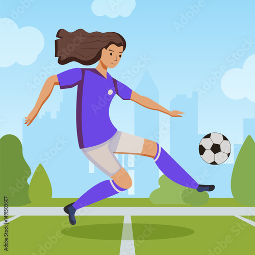 Vector child's image. A girl is playing soccer. A soccer player scores a goal, a player in uniform kicks a soccer ball.
