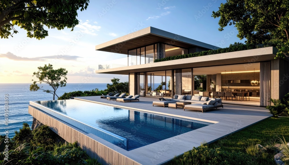 Fototapeta premium Oceanview Villa Infinity Pool Coastal Luxury at Sunset.