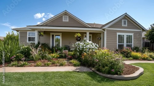 Cozy Home Exterior With Lush Garden Lawn and Blue Sky in Daytime and Warm Tones and well Maintained Landscape Design
