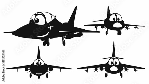 Four cartoon fighter jets in black silhouette with exaggerated eyes and friendly expressions on white background editable vector eps/eps