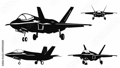 Silhouette illustration showcasing multiple fighter jets in various perspectives and orientations on white editable vector eps/eps
