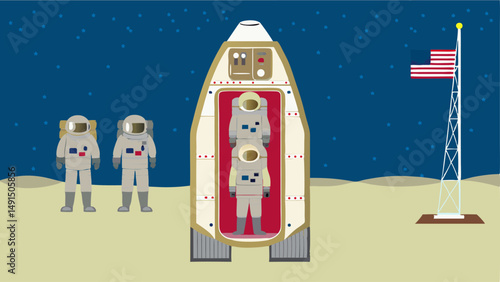 Illustration of two astronauts standing near a lander with an american flag on the moon surface editable vector eps/eps