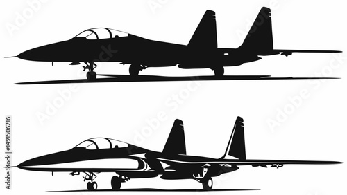 Two fighter jets depicted in silhouette and outline with landing gear visible on a white background editable vector eps/eps