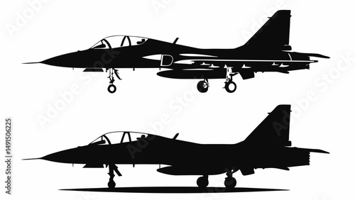 Two fighter jets in silhouette one with missiles and landing gear extended on a white background view editable vector eps/eps