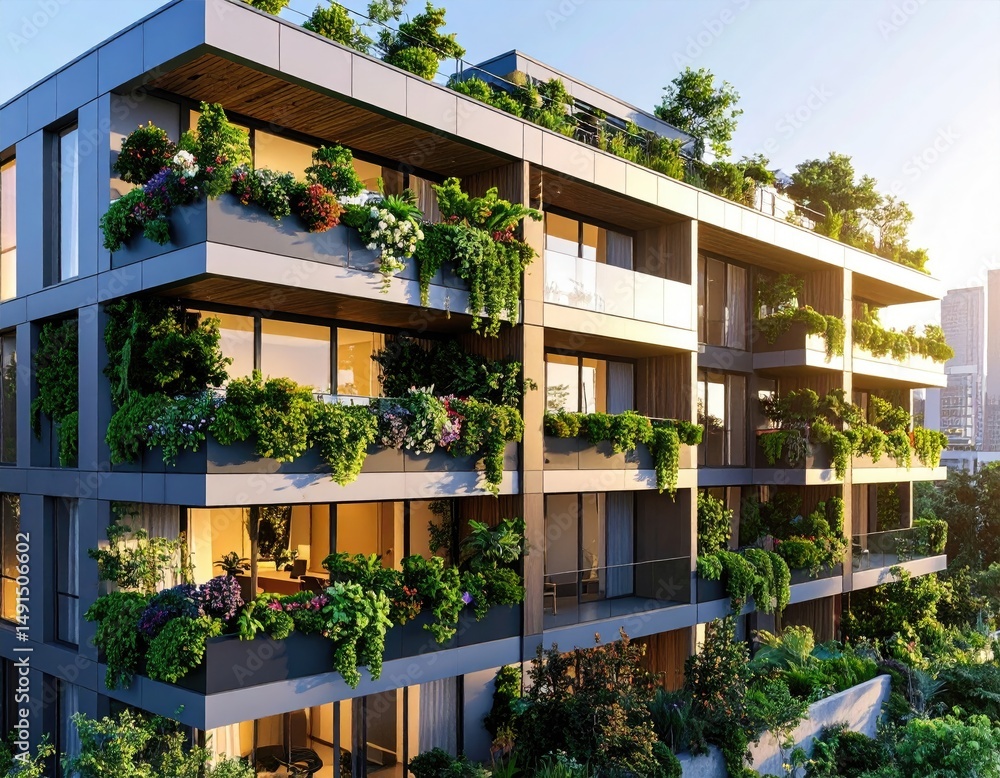 Fototapeta premium Green Oasis Modern Apartment Building with Lush Balcony Gardens. (3)