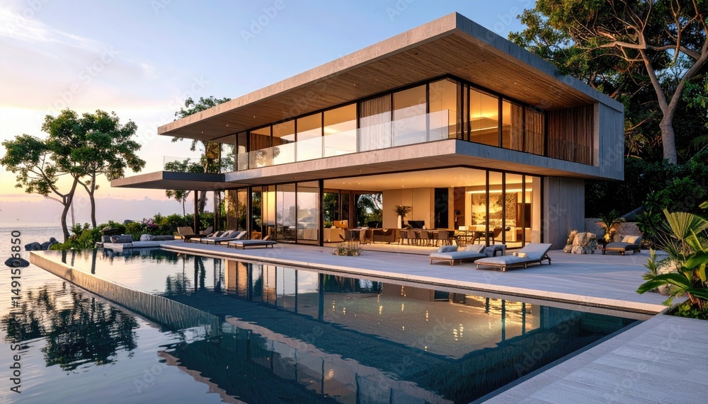 Modern Luxury Villa Sunset Reflection in Pool with Coastal Dream Home. Modern Luxury Villa Sunset Reflection in Pool with Coastal Dream Home.