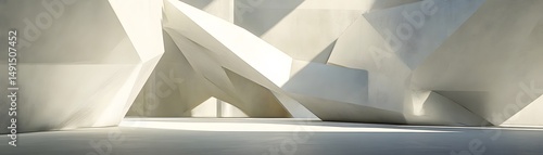Abstract interior design of white geometric shapes.