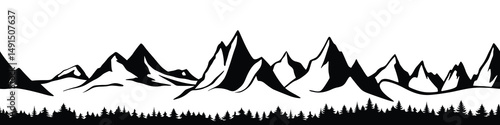 Silhouette mountain range and forest isolated on white background, seamless border, vector design
