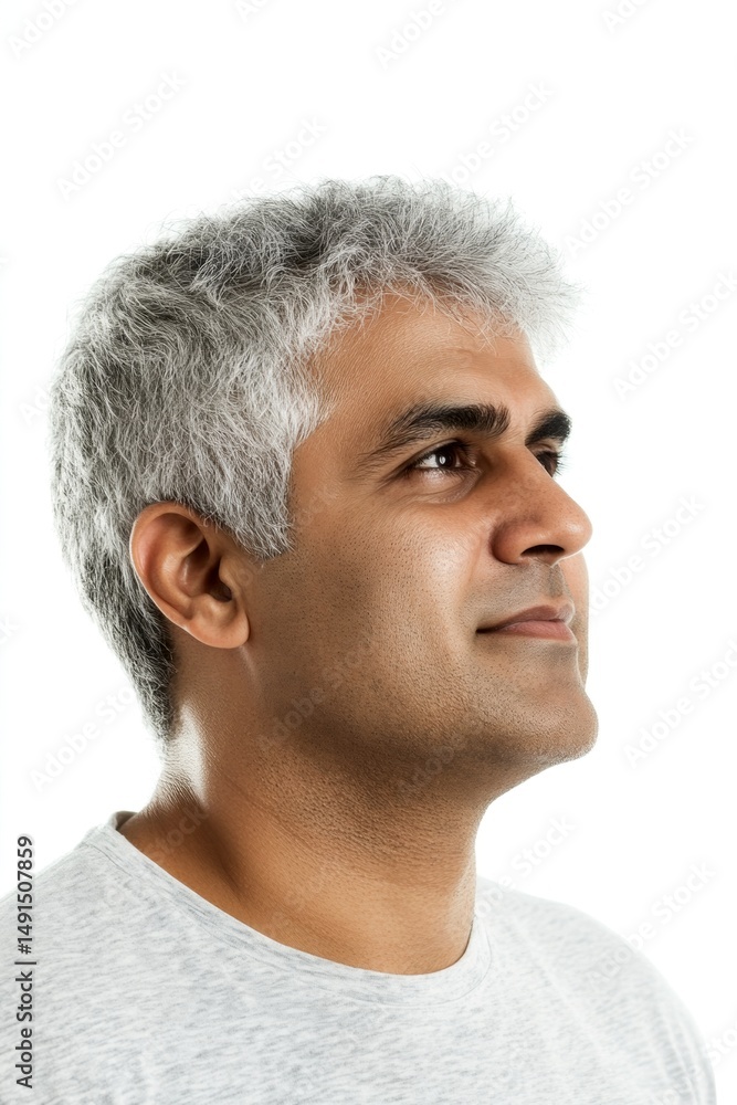 Obraz premium Pure white solid background. An expressive and modern man in a studio setting. Trendy men's wavy fringe haircut - midlife indian man with short hair. Visual idea of style for aging men.