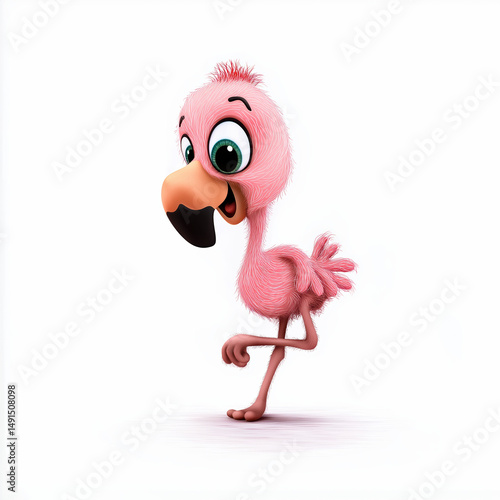 Cute Baby Flamingo Cartoon – Giggling Pink Bird Standing on One Leg, Adorable Animal Illustration Isolated on White Background for Kids, Education, and Nursery Decor