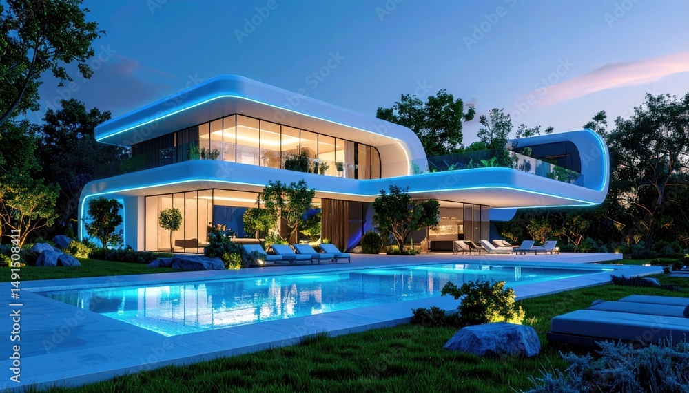 Fototapeta premium Futuristic Villa at Dusk Luminous Pool with Modern Architecture.