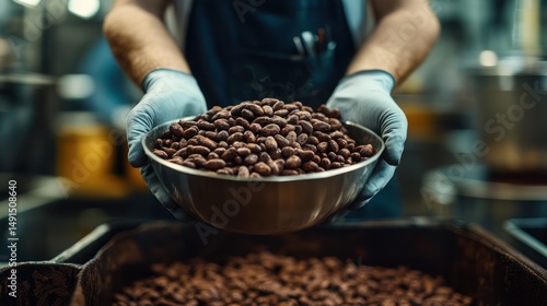 Factory Worker Holding Cocoa Beans