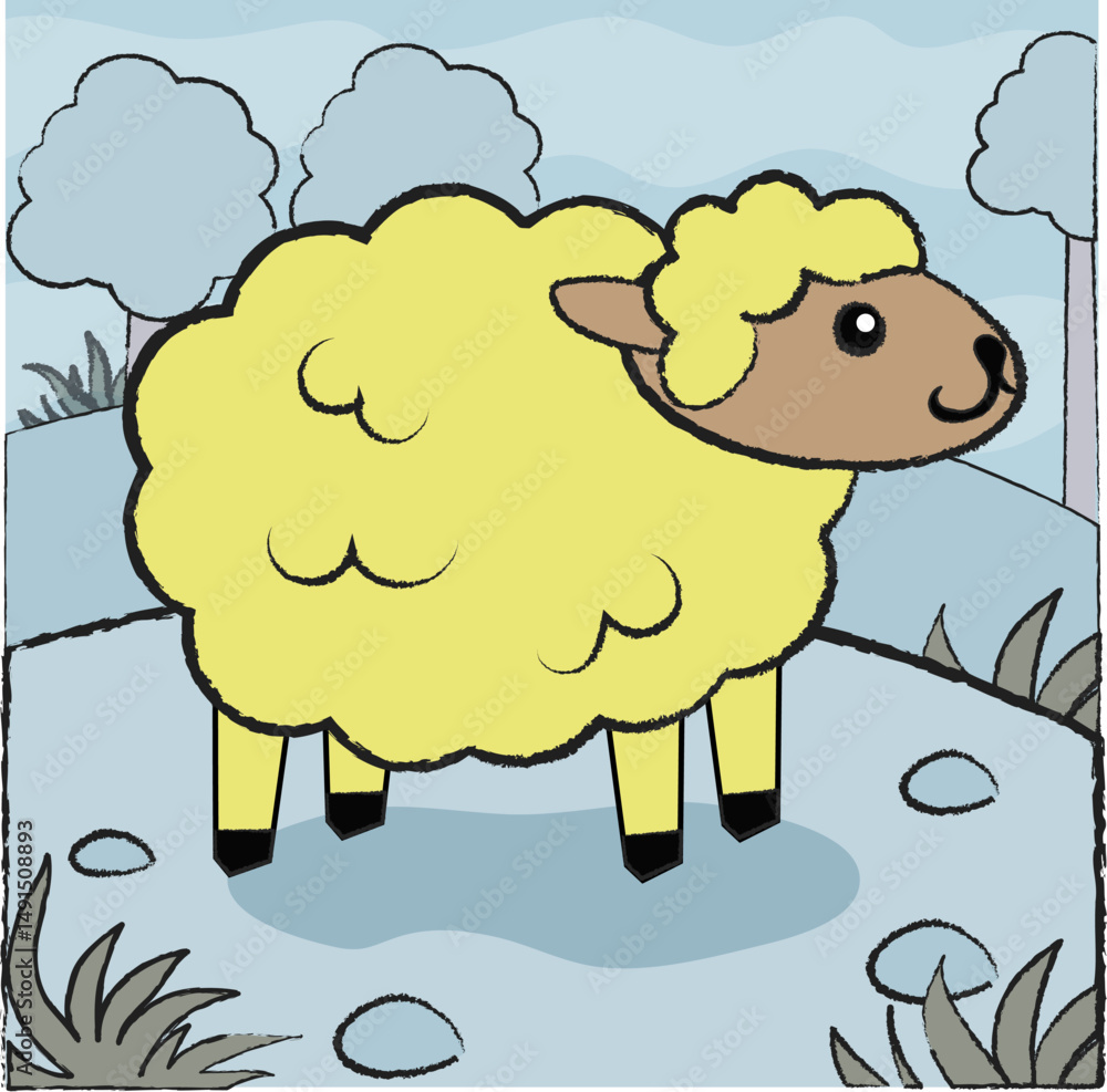 Obraz premium cute cartoon image of a ram. vector sheep, hand-drawn drawing in children's style. imitation pencil outlines. 
