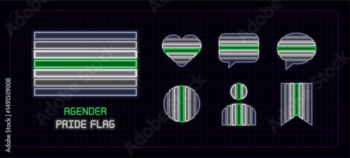 Agender pride flag icon set, neon glow visuals. Pride month flag, gender identity and expression theme.