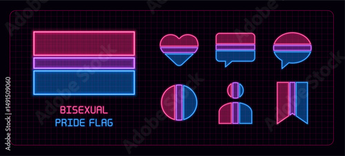 Bisexual pride flag icon set, neon glow visuals. Pride month flag, sexual orientation theme.