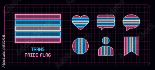 Trans pride flag icon set, neon glow visuals. Pride month flag, gender identity and expression theme.