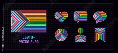 LGBTQ pride flag icon set, neon glow visuals. Pride month, gender and sexual orientation diversity theme.