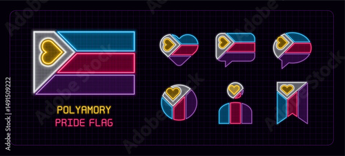 Polyamory pride flag icon set, neon glow visuals. Pride month flag, sexual orientation theme.