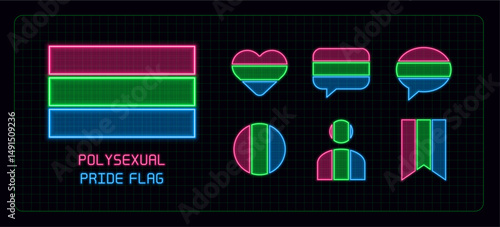 Polysexual pride flag icon set, neon glow visuals. Pride month flag, sexual orientation theme.