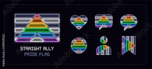 Straight ally pride flag icon set, neon glow visuals. Pride month flag, gender identity and expression theme.
