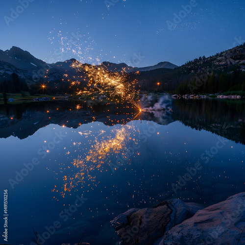 Majestic Lake Reflection: Sparkling Fireworks Illuminate Serene Mountain Landscape at Night