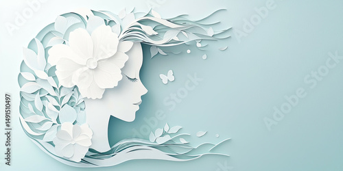 Elegant paper art of a woman's profile with white flowers and a butterfly on a light blue background, creating a serene and decorative design.