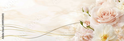 Romantic floral arrangement of roses and white blossoms with gold accents on a soft textured background perfect for wedding invitations and elegant designs