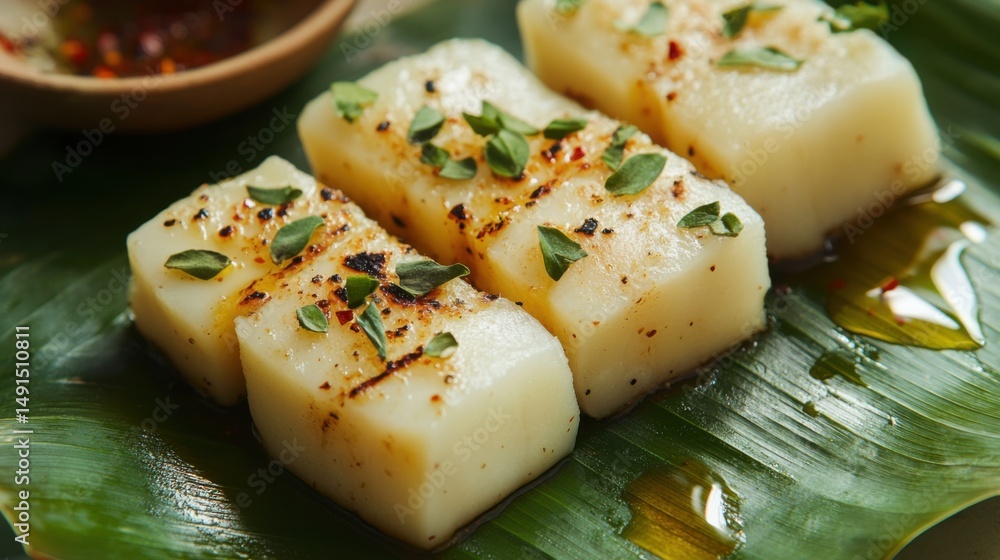 Delicious cassava root recipe with herbs and sauce served on a banana leaf plate food Delicious cassava root recipe with herbs and sauce served on a banana leaf plate food