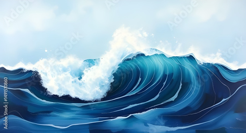 Ocean wave art, Sea wave painting, Abstract ocean waves, Powerful wave, Blue ocean art, Crashing wave, Wave illustration, Ocean surf art, Water wave painting, Wave splash, Sea energy art, Wave crest, 
