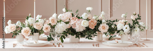 Elegant table setting with floral arrangements candles and tableware for a wedding reception or special event isolated on white background. Romantic and luxurious decor
