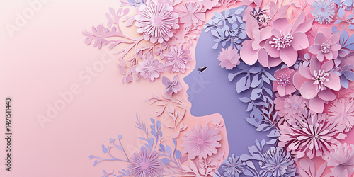 Paper art of a woman's profile surrounded by flowers in pastel colors, a feminine and delicate design for cards, invitations, and celebrations