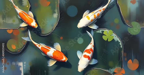 Koi fish in pond, Koi pond painting, Japanese koi art, Koi fish illustration, Zen koi pond, Koi watercolor, Colorful koi fish, Koi carp in water, Tranquil pond art, Koi fish swimming, Fish in lily pon