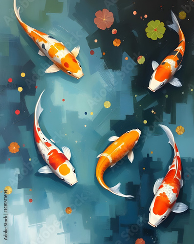 Koi fish in pond, Koi pond painting, Japanese koi art, Koi fish illustration, Zen koi pond, Koi watercolor, Colorful koi fish, Koi carp in water, Tranquil pond art, Koi fish swimming, Fish in lily pon