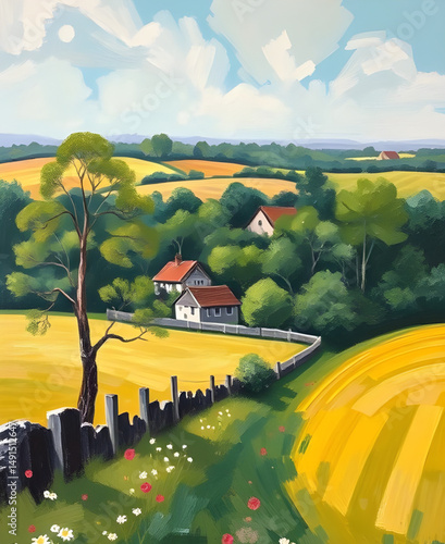 rural track oil painting, peaceful village painting, oil painting of farmhouses, charming village oil art, agricultural village landscape, village sunset oil painting, oil painting with cottages, quie