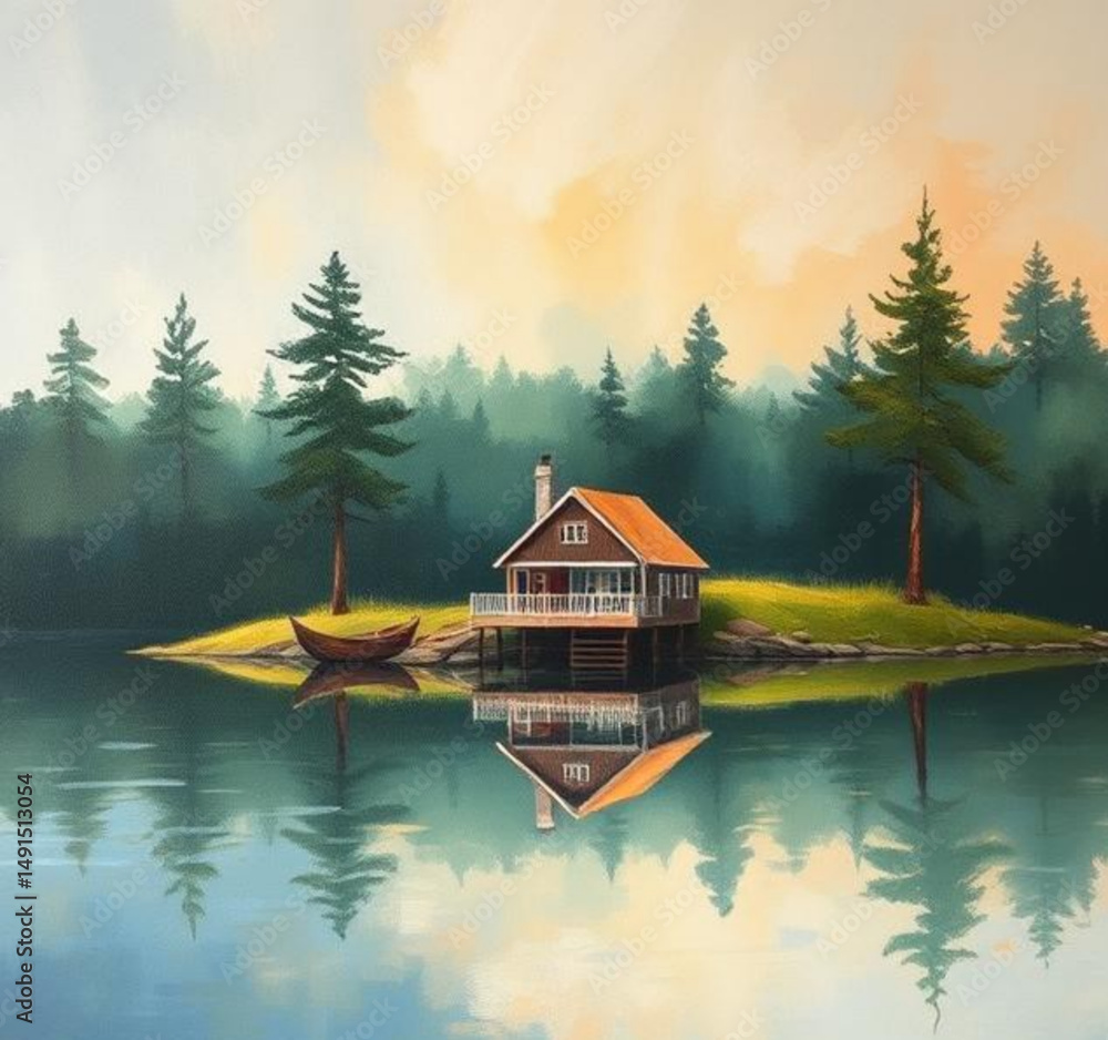 Fototapeta premium Lake house painting, House by the lake, Lakeside cabin, Waterfront house art, Serene lake scene, Cottage by the water, Lake house landscape, Tranquil lake view, Rustic lake home, Lakefront cottage, Pe